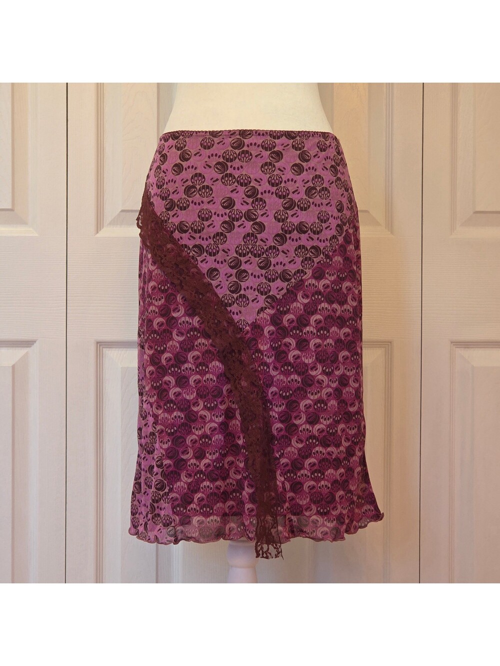 Brown & Purple Abstract Floral Print Midi Skirt XXS/XS Y2K Fairy Euro Mesh Lace